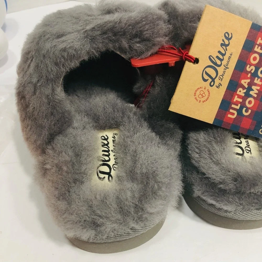 NWT Dearfoams Suede Shearling Slippers Slides Indoor Outdoor Furry Gray Kids 13
